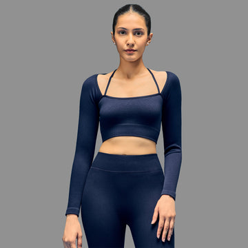 Limitless Snatched ribbed long sleeve top- Navy Blue