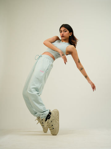 Pastel Sky Blue Burger Co ord Set (Racer + Gather Tracks) For Women