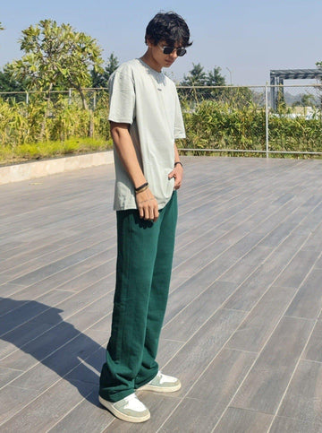 BOMBay Set Grey Bottle Green (Tee+Irish Track) For Men