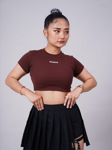 Burger logo Printed Crop Gigi Tee For Women (Coffee Brown)