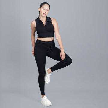 Chiclo Black Ribbed Tights With Padded Top Workout Set