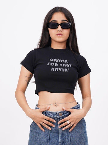 Cravin' For That Ravin' (Reflective) : Burger Bae Round Neck Crop Baby Tee For Women