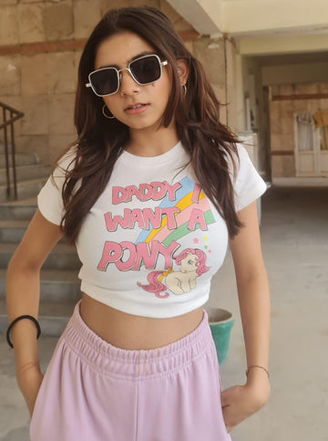 Daddy I want pony : Burger Bae Round Neck Crop Baby Tee For Women