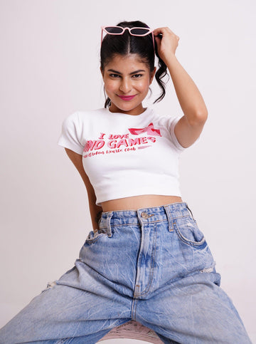 I Love Playing Mind Games : Burger Bae Round Neck Crop Baby Tee For Women