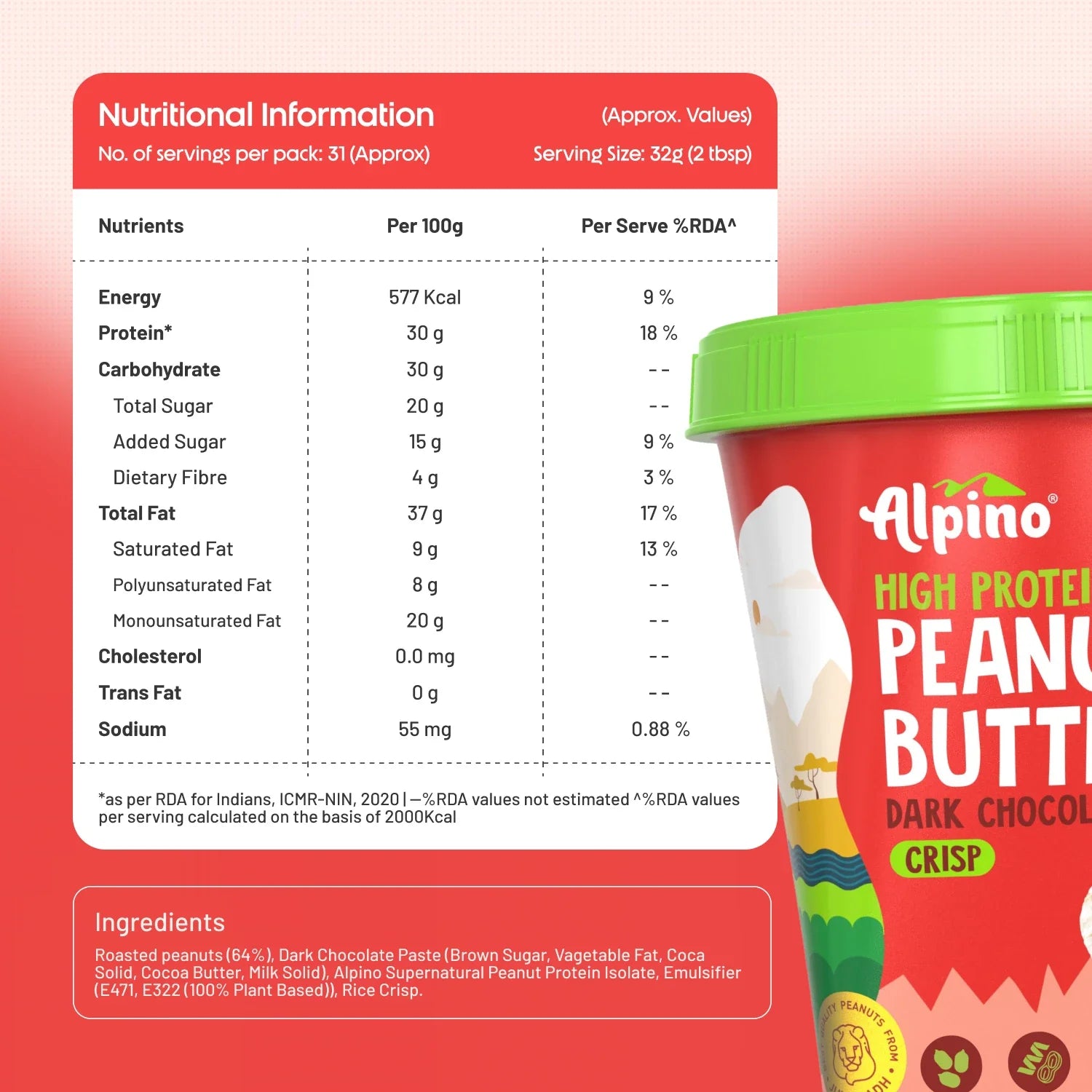 Alpino High Protein Dark Chocolate Peanut Butter's Nutritional Information