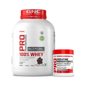 GNC Pro Performance 100% Whey Chocolate Fudge + Creatine Monohydrate Combo - Builds Lean Muscles | Promotes Faster Recovery | Boosts Athletic Performance | Hydrates Muscle Cells | 4lbs / 250gm Combo