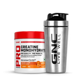 GNC Creatine Monohydrate With Steel Shaker (750ml)| 250gm | Orange | Boosts Athletic Performance | Fuels Skeletal Muscles | Supports Intense Workout | Promotes Cellular Hydration |Formulated In USA