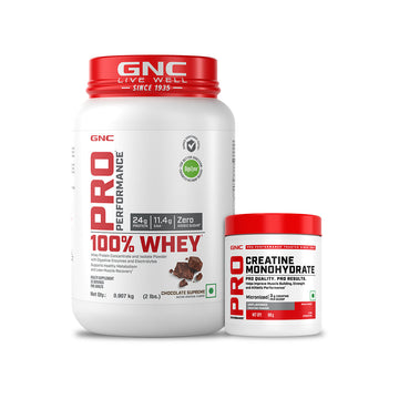 GNC Pro Performance 100% Whey Chocolate Supreme + Creatine Monohydrate Combo - Builds Lean Muscles | Promotes Faster Recovery | Boosts Athletic Performance | Hydrates Muscle Cells | 2lbs / 100gm Combo