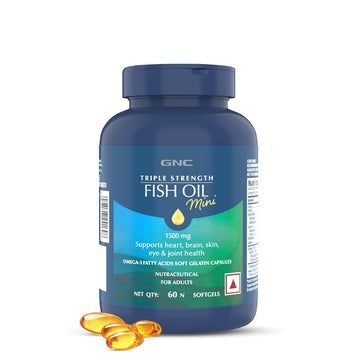 GNC Triple Strength Fish Oil Mini Omega 3 Capsules for Men & Women | 900mg EPA & DHA | Improves Memory | Protects Vision | No Fishy Aftertaste | Supports Family Health | USA Formulated | 60 Softgels