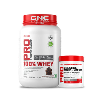 GNC Pro Performance 100% Whey Chocolate Fudge + Creatine Monohydrate Combo - Builds Lean Muscles | Promotes Faster Recovery | Boosts Athletic Performance | Hydrates Muscle Cells | 2lbs / 100gm Combo