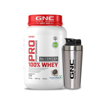 GNC Pro Performance 100% Whey Protein Powder & Steel Shaker (Cookie & Cream, 2 lbs with Steel Shaker)