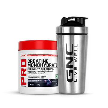 GNC Creatine Monohydrate With Steel Shaker (750ml)| 100gm | Blueberry | Boosts Athletic Performance | Fuels Skeletal Muscles | Supports Intense Workout | Promotes Cellular Hydration |Formulated In USA