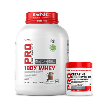 GNC Pro Performance 100% Whey Cafe Mocha+ Creatine Monohydrate Combo - Builds Lean Muscles | Promotes Faster Recovery | Boosts Athletic Performance | Hydrates Muscle Cells | 4lbs / 250gm Combo