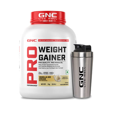 GNC Pro Performance Weight Gainer & Steel shaker Combo | 3 Kg | Vanilla Ice cream