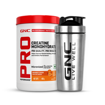 GNC Creatine Monohydrate With Steel Shaker (750ml)| 400gm | Orange | Boosts Athletic Performance | Fuels Skeletal Muscles | Supports Intense Workout | Promotes Cellular Hydration |Formulated In USA