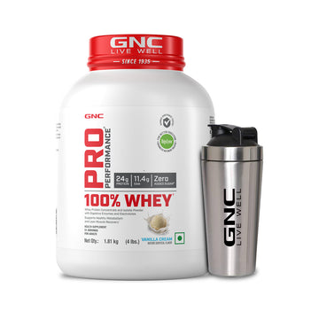 GNC Pro Performance 100% Whey Protein Powder & Steel Shaker (Vanilla Cream, 4 lbs with Shaker)