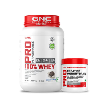 GNC Pro Performance 100% Whey Cookie & Cream + Creatine Monohydrate Combo - Builds Lean Muscles | Promotes Faster Recovery | Boosts Athletic Performance | Hydrates Muscle Cells | 2lbs / 100gm Combo