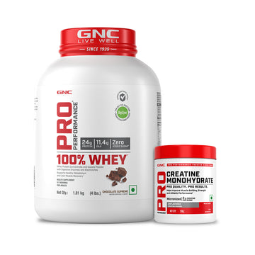 GNC Pro Performance 100% Whey Chocolate Supreme + Creatine Monohydrate Combo - Builds Lean Muscles | Promotes Faster Recovery | Boosts Athletic Performance | Hydrates Muscle Cells | 4lbs / 250gm Combo