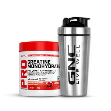 GNC Creatine Monohydrate With Steel Shaker (750ml)| 250gm | Cranberry | Boosts Athletic Performance | Fuels Skeletal Muscles | Supports Intense Workout | Promotes Cellular Hydration |Formulated In USA