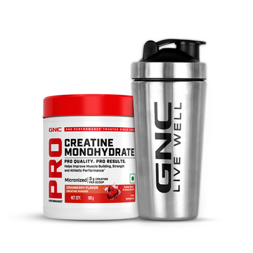 GNC Creatine Monohydrate With Steel Shaker (750ml)| 100gm | Cranberry| Boosts Athletic Performance | Fuels Skeletal Muscles | Supports Intense Workout | Promotes Cellular Hydration |Formulated In USA