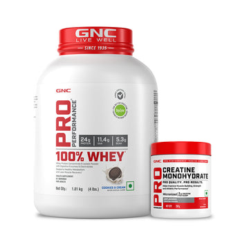 GNC Pro Performance 100% Whey Cookie & Cream + Creatine Monohydrate Combo - Builds Lean Muscles | Promotes Faster Recovery | Boosts Athletic Performance | Hydrates Muscle Cells | 4lbs / 250gm Combo