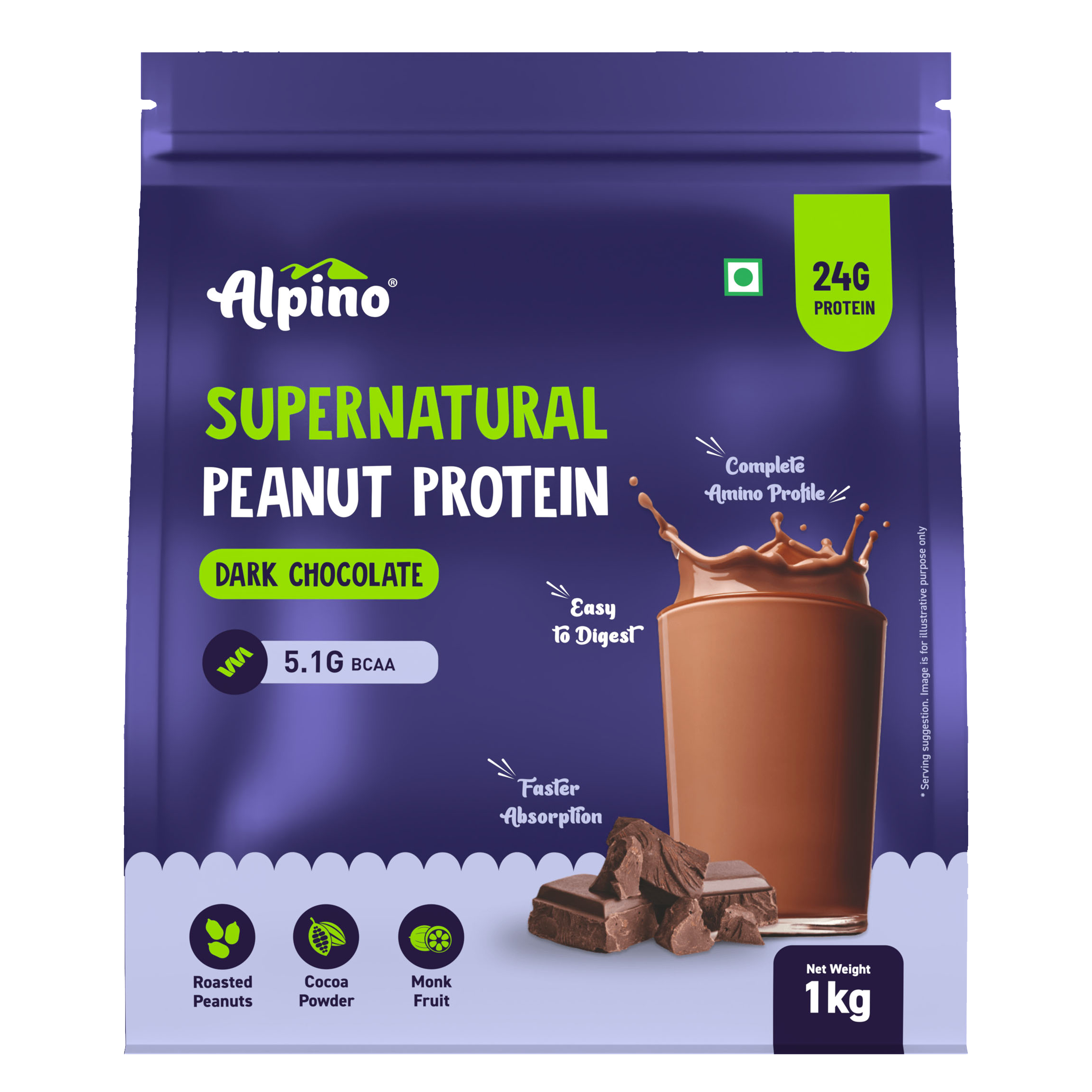ALPINO 24g Protein Supernatural Peanut Protein Powder Dark Chocolate 1kg
