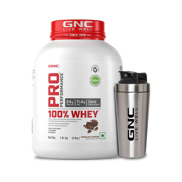 GNC Pro Performance 100% Whey Protein Powder & Steel Shaker (Chocolate Supreme, 4 lbs with Shaker)