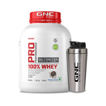GNC Pro Performance 100% Whey Protein Powder & Steel Shaker (Cookie & Cream, 4 lbs with Steel Shaker)