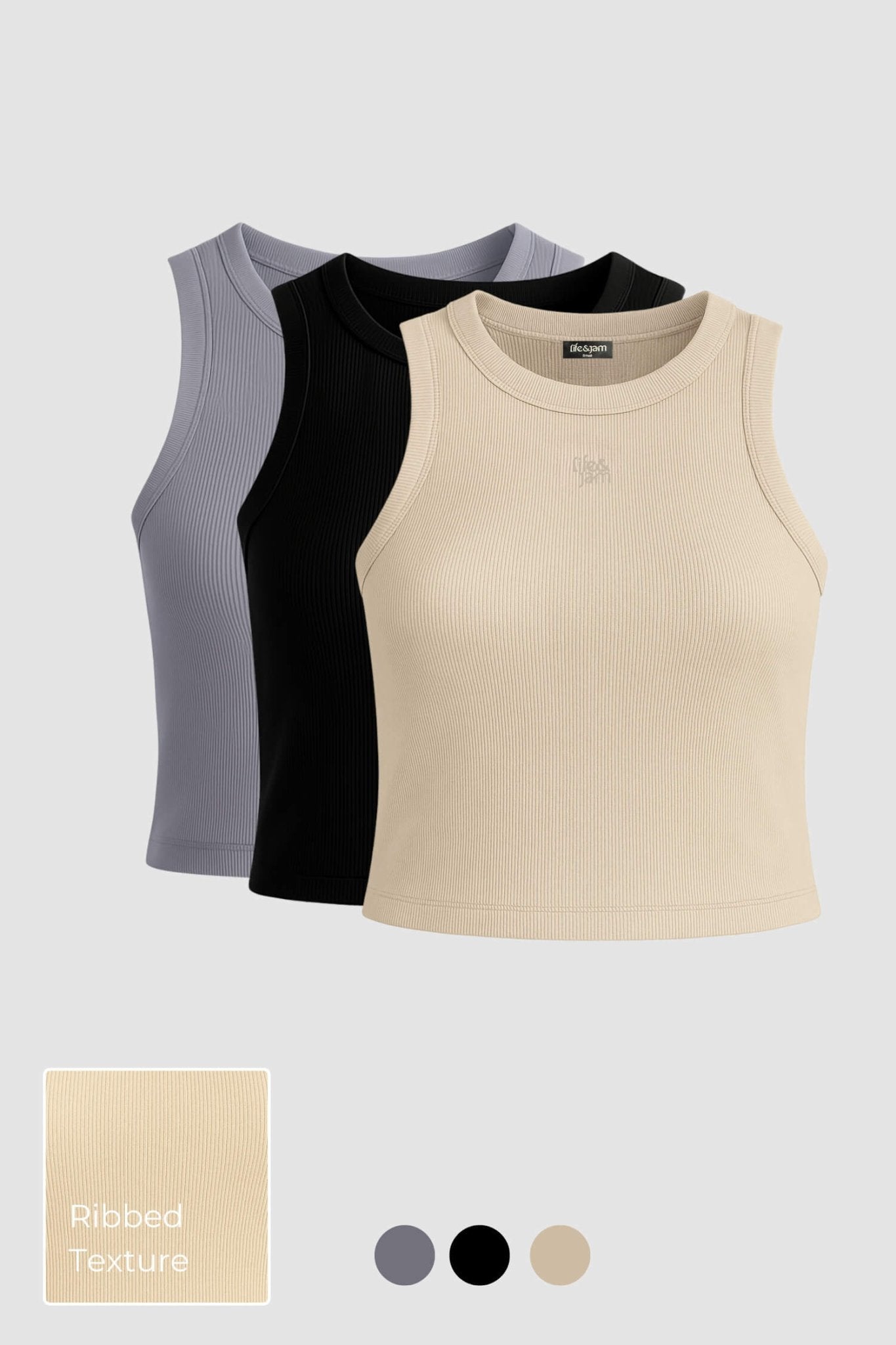 3 Pack: Free Spirit Ribbed Tank in Grey, Black & Marshmallow