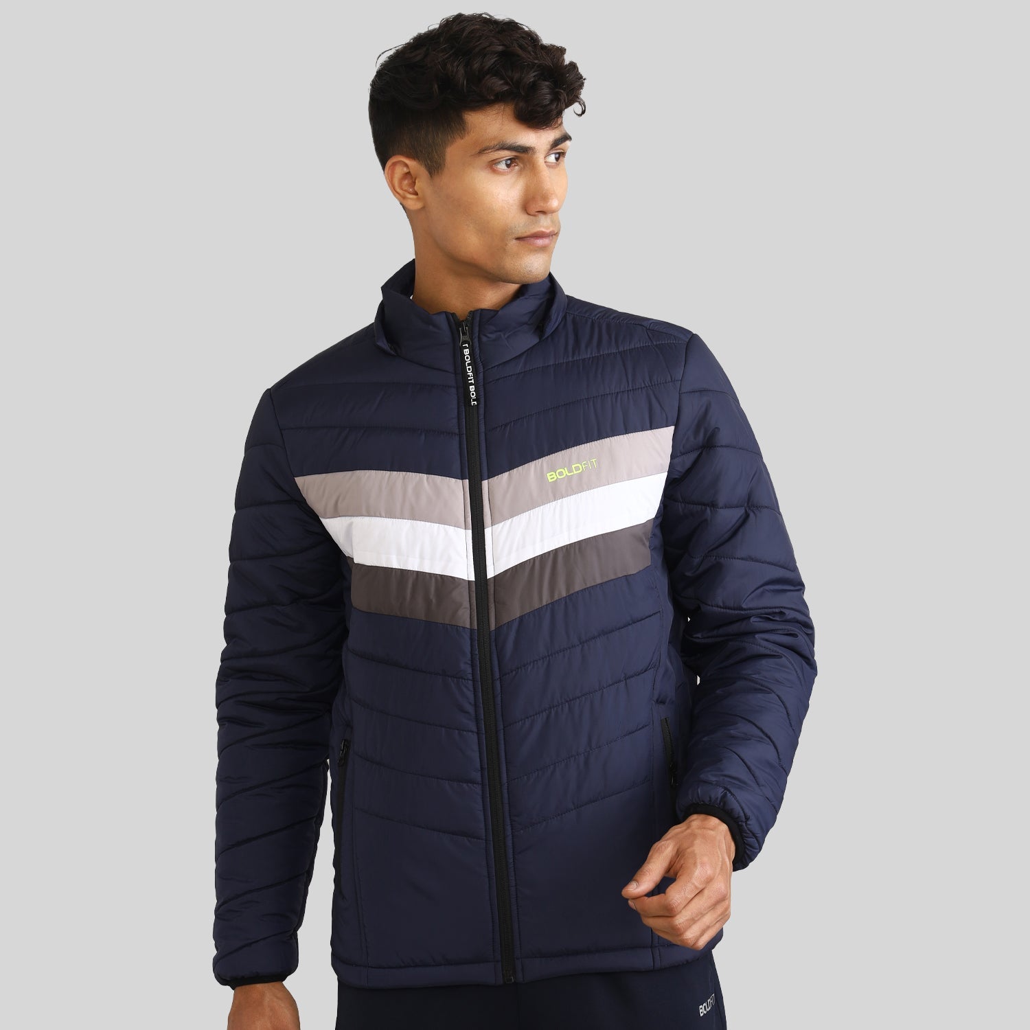Mens Winter Bomber Jacket with Detachable Cap - Blue/White