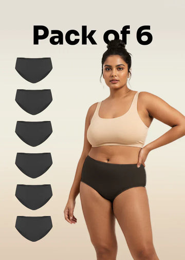 6 Pack - Black Mid-waist Absorbent Underwear