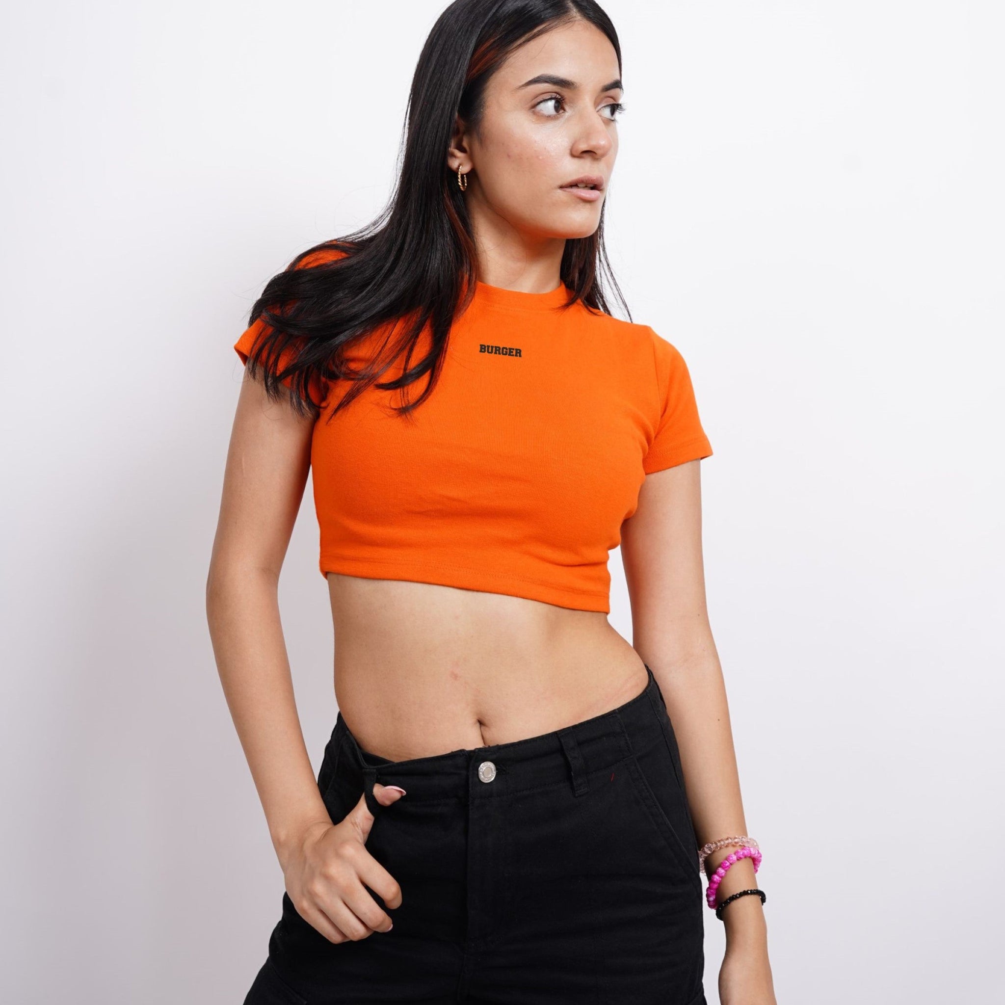 Minimal Burger logo : Baby Tee (Bright Orange) for Women