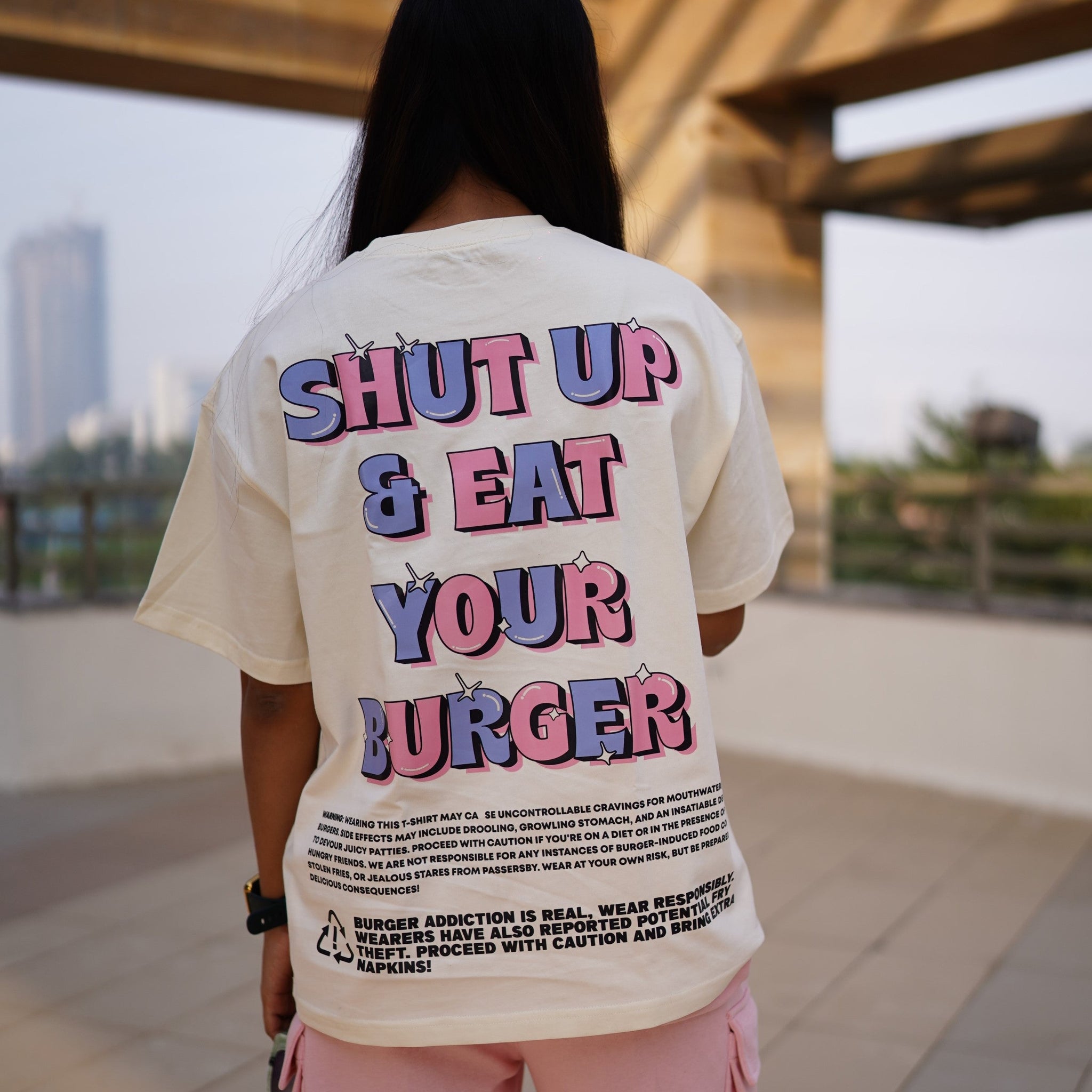 Shut up and eat your burger : Round Neck Drop Shoulder Tee For Men and Women