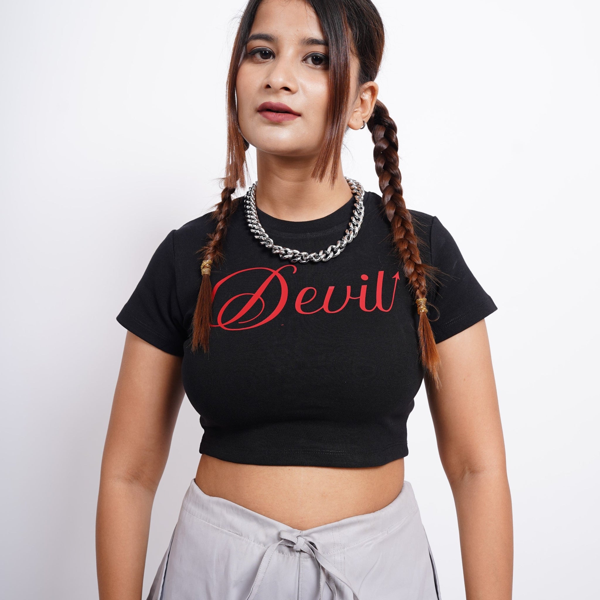 Devil : Burger Bae Round Neck Crop Baby Tee For Women