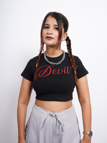 Devil : Burger Bae Round Neck Crop Baby Tee For Women