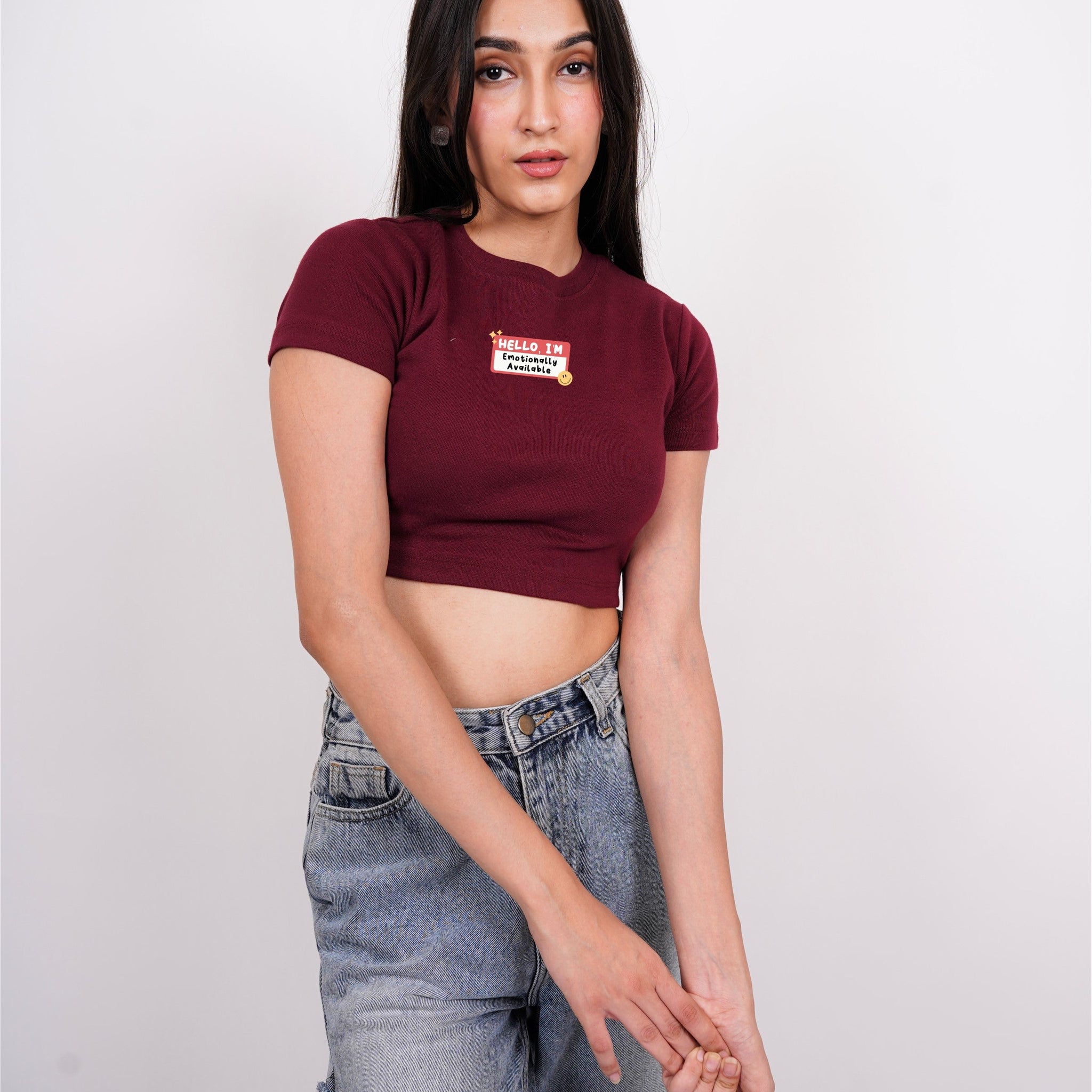 Emotionally Available : Burger Bae Round Neck Crop Baby Tee For Women
