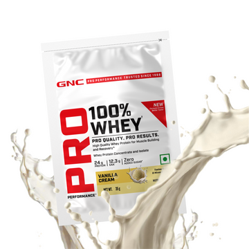 GNC Pro Performance 100% Whey Protein | New Formulation | 24g Protein, 5.7g BCAAs, 12.3g EAAs | Added DigeZyme® |  Low Carb (4.51g), No Added Sugar I Vanilla Cream I 35 GM (Single Serve)