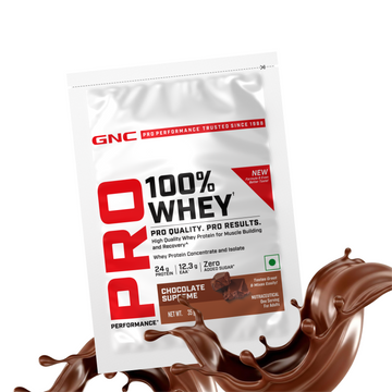 GNC Pro Performance 100% Whey Protein | New Formulation | 24g Protein, 5.7g BCAAs, 12.3g EAAs | Added DigeZyme® |  Low Carb (4.51g), No Added Sugar I Chocolate Supreme I 35 GM (Single Serve)