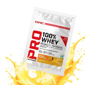GNC Pro Performance 100% Whey Protein | New Formulation | 24g Protein, 5.7g BCAAs, 12.3g EAAs | Added DigeZyme® |  Low Carb (4.51g), No Added Sugar I Mango Smoothie I 35 GM (Single Serve)