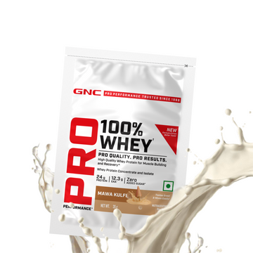 GNC Pro Performance 100% Whey Protein | New Formulation | 24g Protein, 5.7g BCAAs, 12.3g EAAs | Added DigeZyme® |  Low Carb (4.51g), No Added Sugar I Mawa Kulfi I 35 GM (Single Serve)