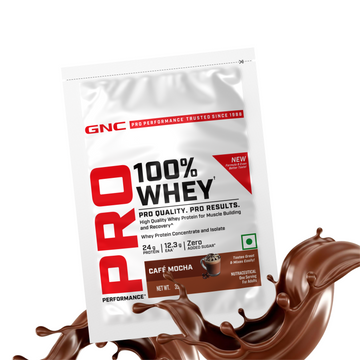 GNC Pro Performance 100% Whey Protein | New Formulation | 24g Protein, 5.7g BCAAs, 12.3g EAAs | Added DigeZyme® |  Low Carb (4.51g), No Added Sugar I Cafe Mocha I 35 GM (Single Serve)