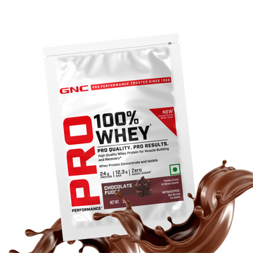 GNC Pro Performance 100% Whey Protein | New Formulation | 24g Protein, 5.7g BCAAs, 12.3g EAAs | Added DigeZyme® |  Low Carb (4.51g), No Added Sugar I Chocolate Fudge I 35 GM (Single Serve)