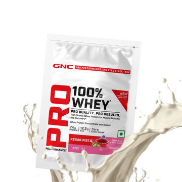 GNC Pro Performance 100% Whey Protein | New Formulation | 24g Protein, 5.7g BCAAs, 12.3g EAAs | Added DigeZyme® |  Low Carb (4.51g), No Added Sugar I Kesar Pista  I 35 GM (Single Serve)