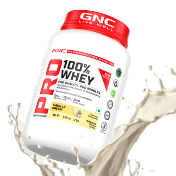 GNC Pro Performance 100% Whey Protein | New Formulation | 24g Protein, 5.7g BCAAs, 12.3g EAAs | Added DigeZyme® |  Low Carb (4.51g), No Added Sugar I Vanilla Cream I 907 GM