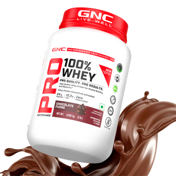 GNC Pro Performance 100% Whey Protein | New Formulation | 24g Protein, 5.7g BCAAs, 12.3g EAAs | Added DigeZyme® |  Low Carb (4.51g), No Added Sugar I Chocolate Fudge I 907 GM