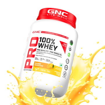 GNC Pro Performance 100% Whey Protein | New Formulation | 24g Protein, 5.7g BCAAs, 12.3g EAAs | Added DigeZyme® |  Low Carb (4.51g), No Added Sugar I Mango Smoothie I 907 GM