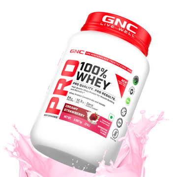 GNC Pro Performance 100% Whey Protein | New Formulation | 24g Protein, 5.7g BCAAs, 12.3g EAAs | Added DigeZyme® |  Low Carb (4.51g), No Added Sugar I Creamy Strawberry I 907 GM