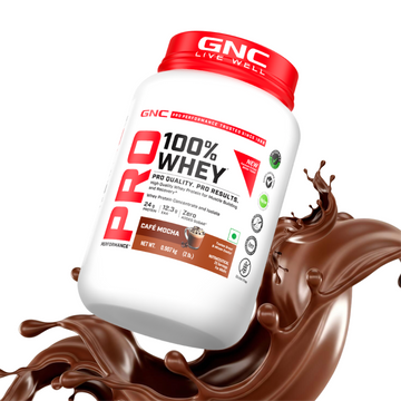 GNC Pro Performance 100% Whey Protein | New Formulation | 24g Protein, 5.7g BCAAs, 12.3g EAAs | Added DigeZyme® |  Low Carb (4.51g), No Added Sugar I Cafe Mocha I 907 GM