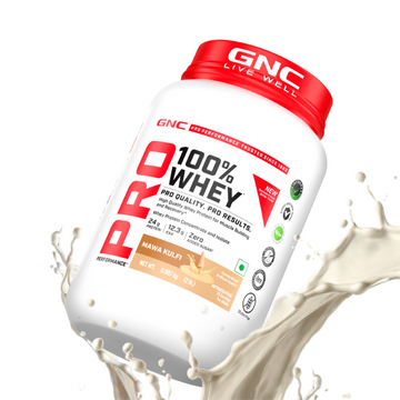 GNC Pro Performance 100% Whey Protein | New Formulation | 24g Protein, 5.7g BCAAs, 12.3g EAAs | Added DigeZyme® |  Low Carb (4.51g), No Added Sugar I Mawa Kulfi I 907 GM