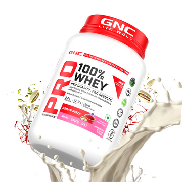 GNC Pro Performance 100% Whey Protein | New Formulation | 24g Protein, 5.7g BCAAs, 12.3g EAAs | Added DigeZyme® |  Low Carb (4.51g), No Added Sugar I Kesar Pista I 907 GM